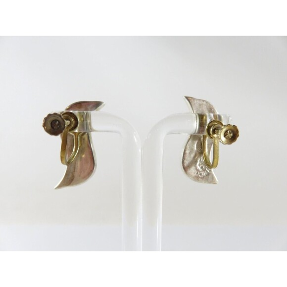 Vintage Modernist Wavy Abalone & Sterling G Taxco Mexico Silver Screw Back Earri - Picture 4 of 9